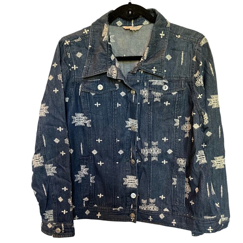 Laura Ashley Women’s Denim Jean Jacket Blue/White Southwestern design Size 10